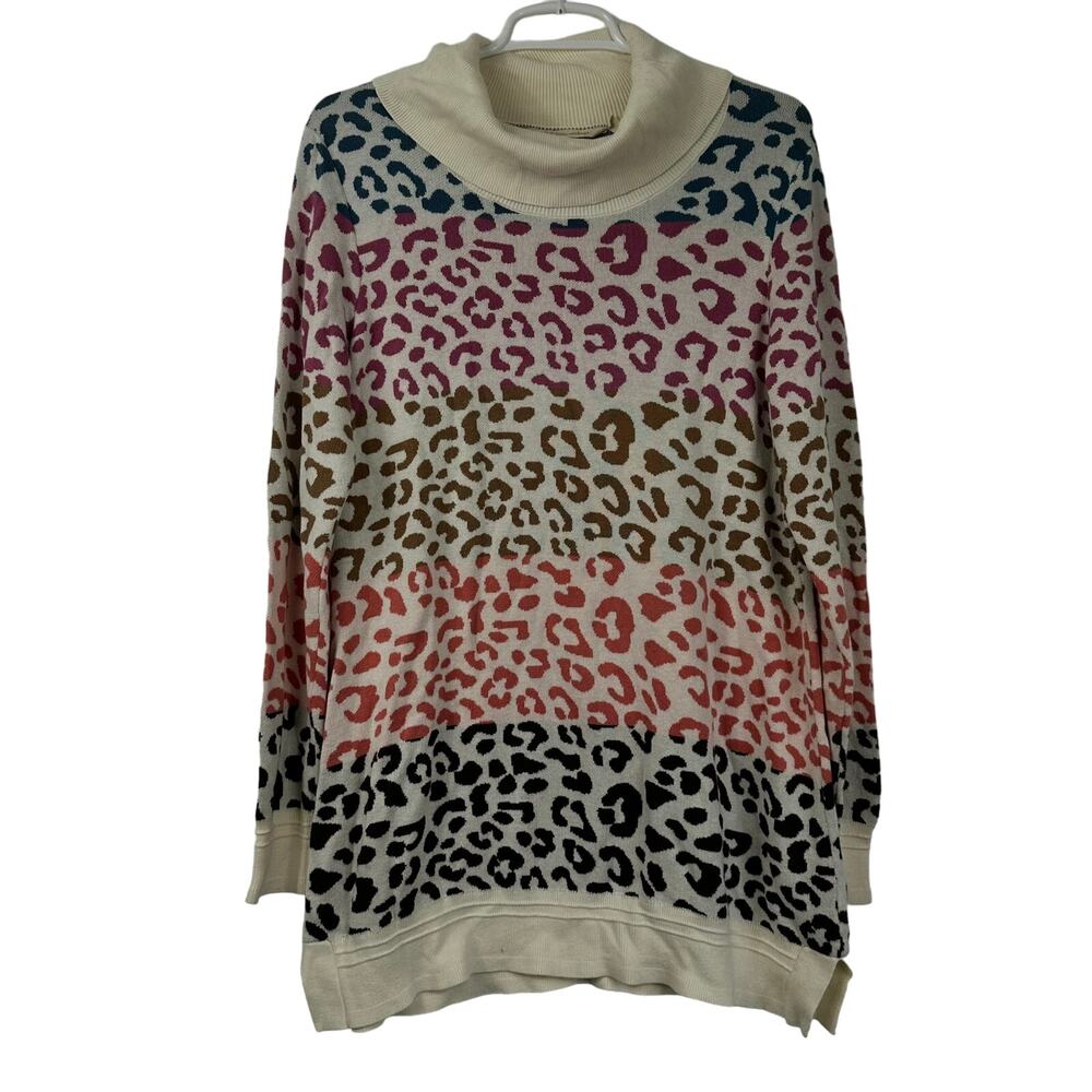 Soft Surroundings Leone Rainbow Leopard Print Turtleneck Sweater Med